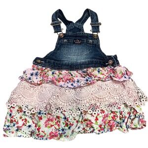 Jordache Girls Denim Overall Dress Floral Lace Tiered Ruffle Pinafore Size 4T